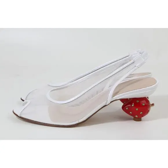 Vintage RAMON TENZA Strawberry Heels White Mesh Slingback Pumps Designer 6.5 M - Picture 8 of 14